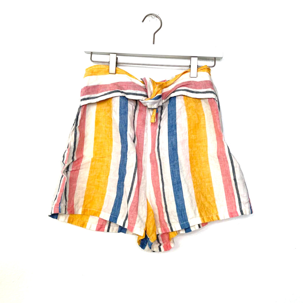 C&C California Shorts 100% Linen 10 High Rise Tie Waist Striped Side Zip